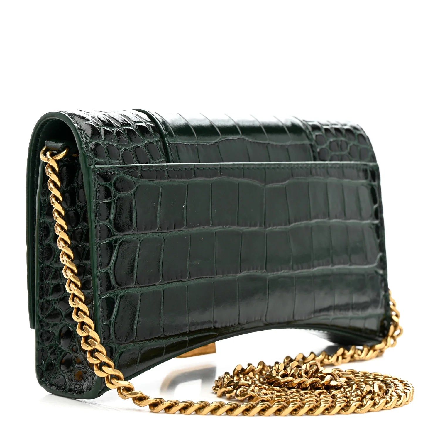 Shiny Calfskin Crocodile Embossed Hourglass Chain Bag Forest Green