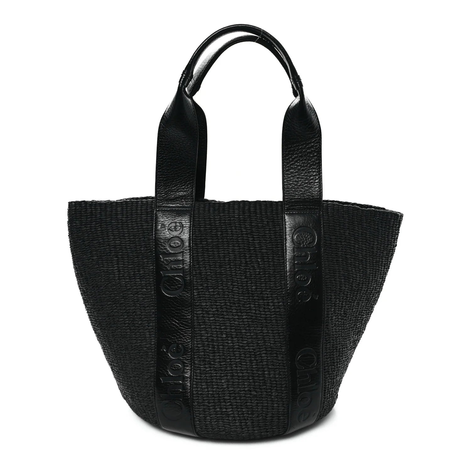Raffia Calfskin Large Woody Basket Bag Black