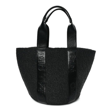 Raffia Calfskin Large Woody Basket Bag Black