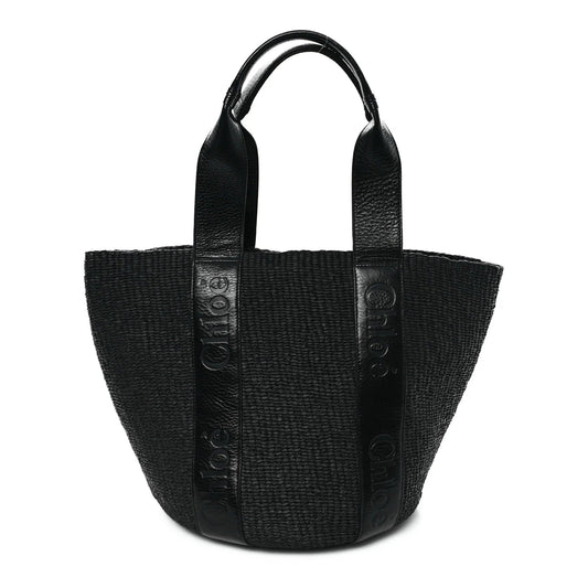 Raffia Calfskin Large Woody Basket Bag Black