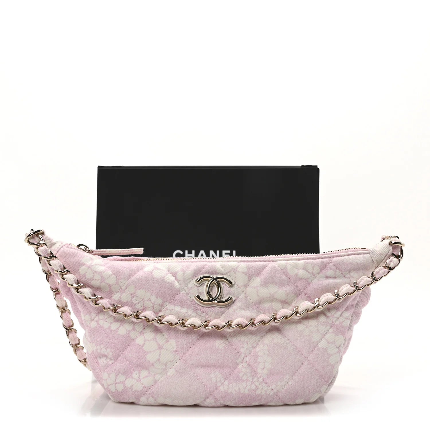 Printed Denim Quilted Large Hobo Bag Light Pink White