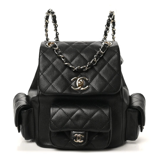 Shiny Caviar Quilted Small Pockets Drawstring Backpack Black