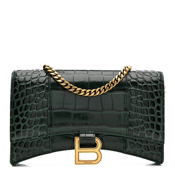 Shiny Calfskin Crocodile Embossed Hourglass Chain Bag Forest Green
