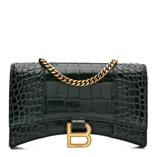 Shiny Calfskin Crocodile Embossed Hourglass Chain Bag Forest Green