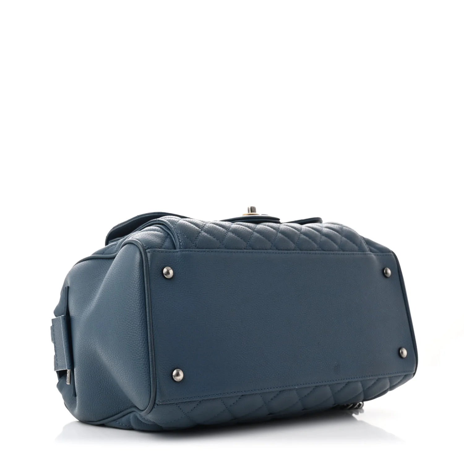 Grained Calfskin Quilted Large Casual Pocket Bowling Bag Blue