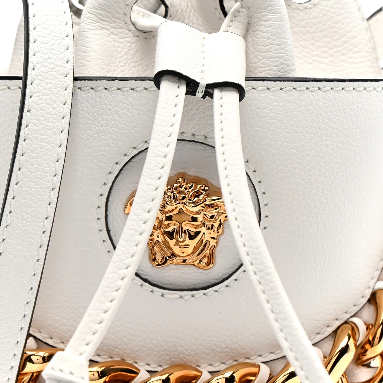Grained Calfskin La Medusa Drawstring Bucket Bag Optical White
