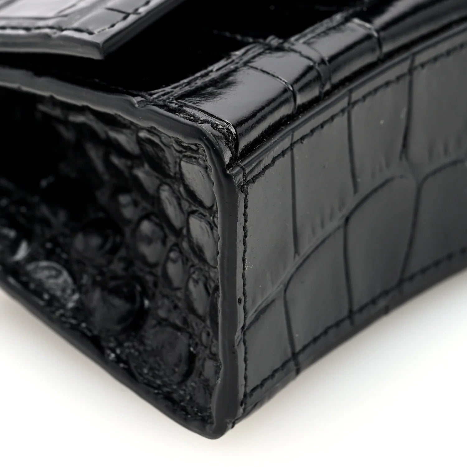 Shiny Calfskin Monochrome Crocodile Embossed Hourglass Top Handle Bag Mini Black