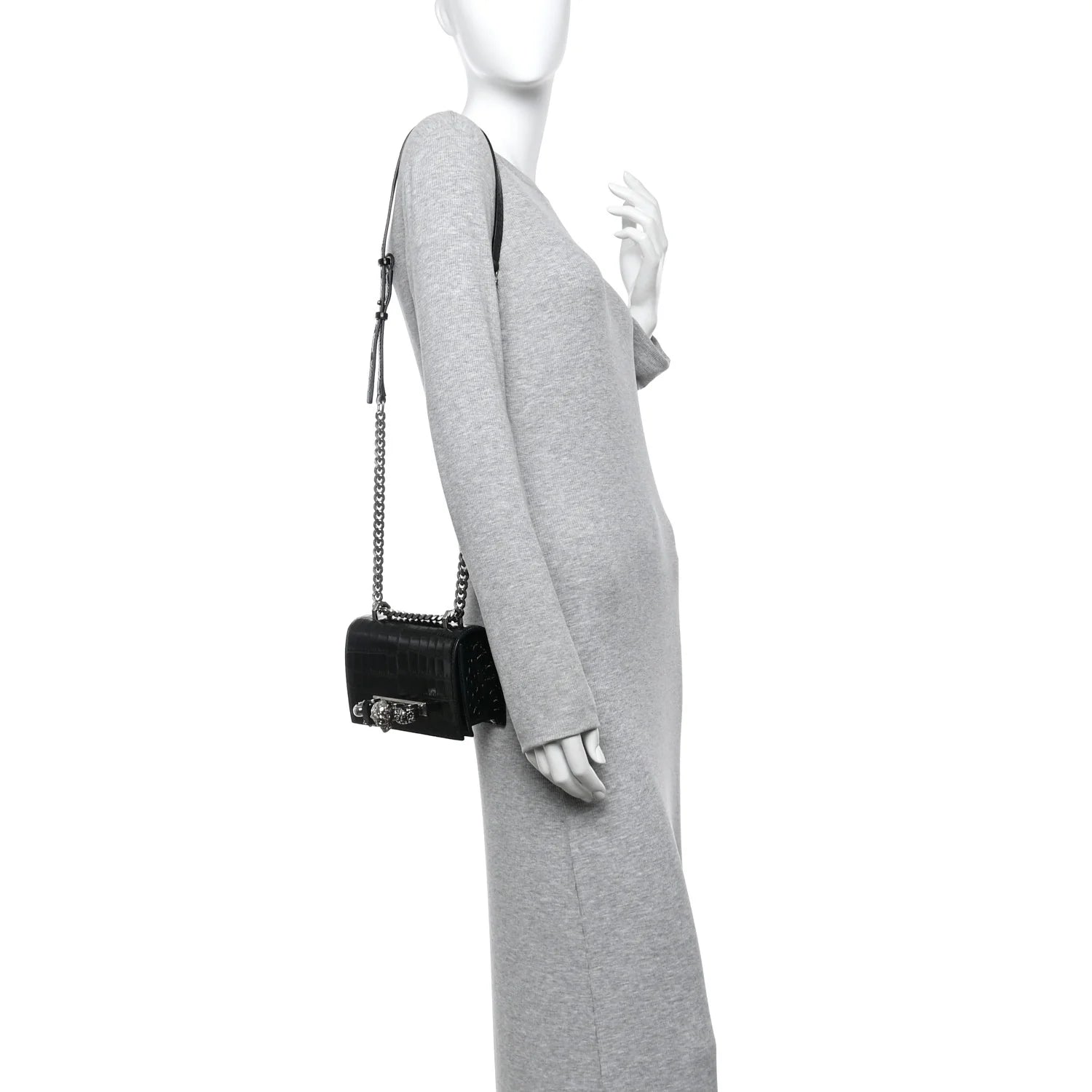 Shiny Calfskin Crocodile Embossed Mini Jeweled Satchel Black