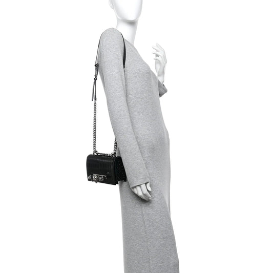 Shiny Calfskin Crocodile Embossed Mini Jeweled Satchel Black