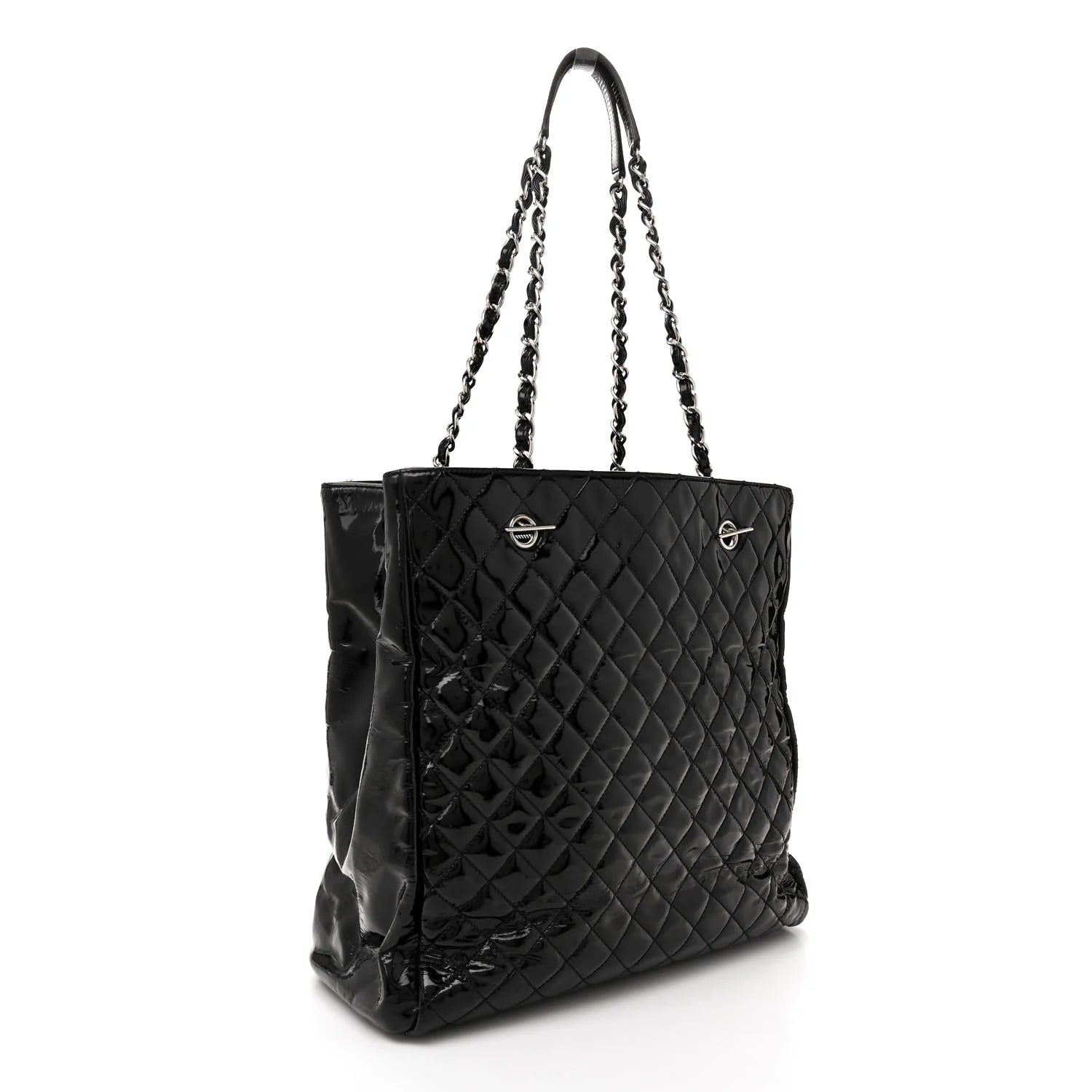 Patent Quilted Large Shopping Tote Black