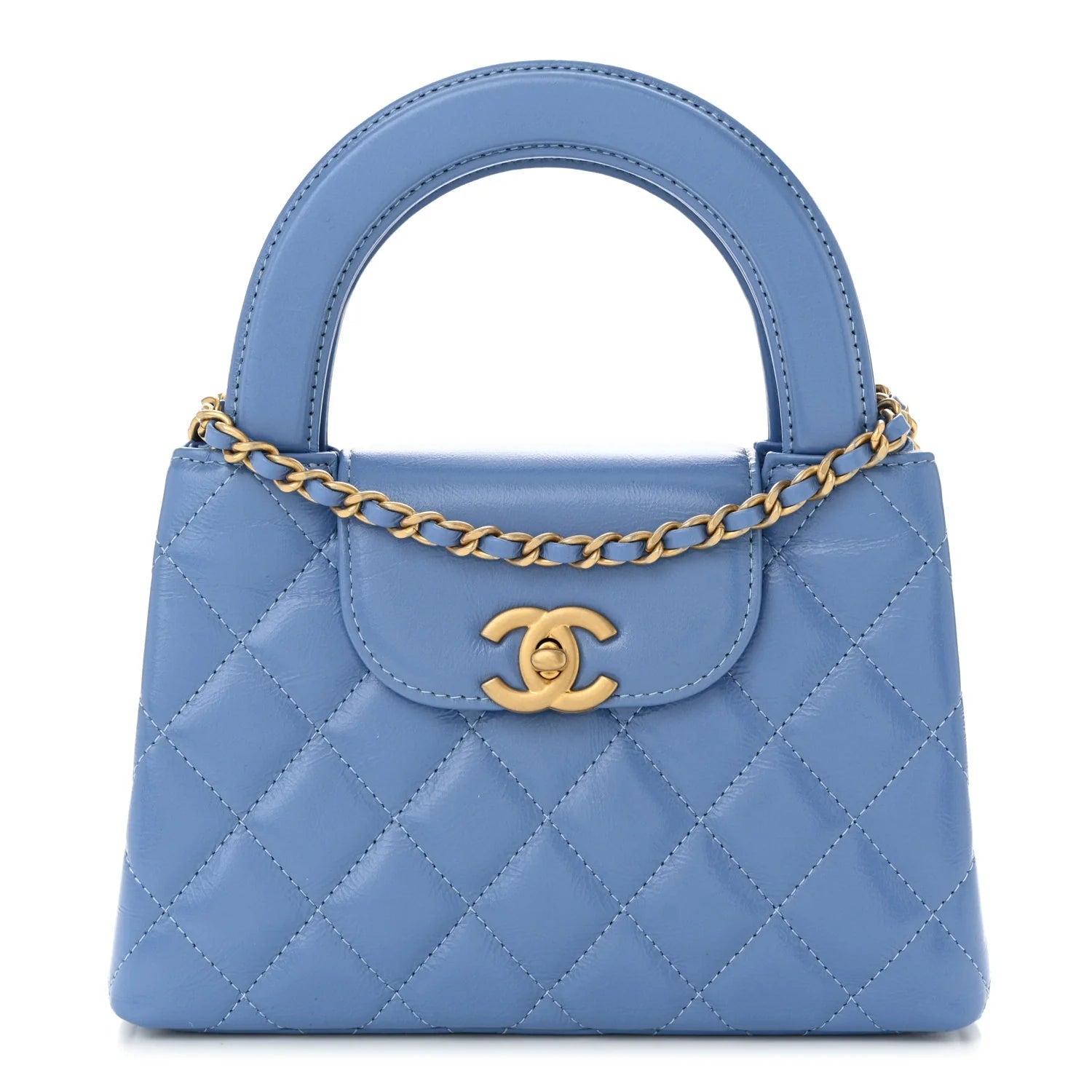Shiny Aged Calfskin Quilted Nano Kelly Shopper Blue