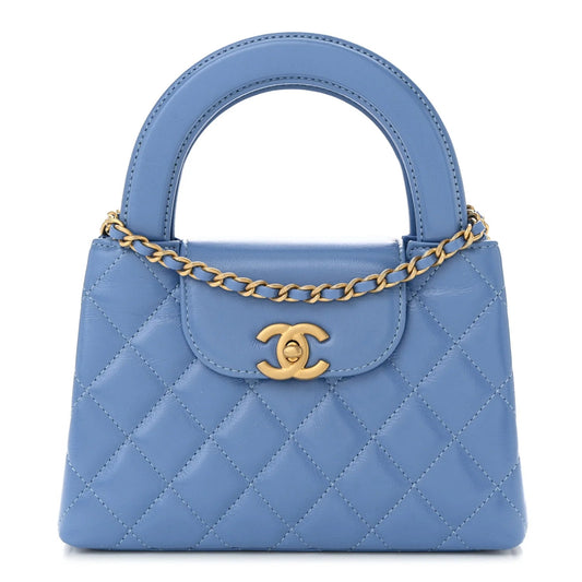 Shiny Aged Calfskin Quilted Nano Kelly Shopper Blue
