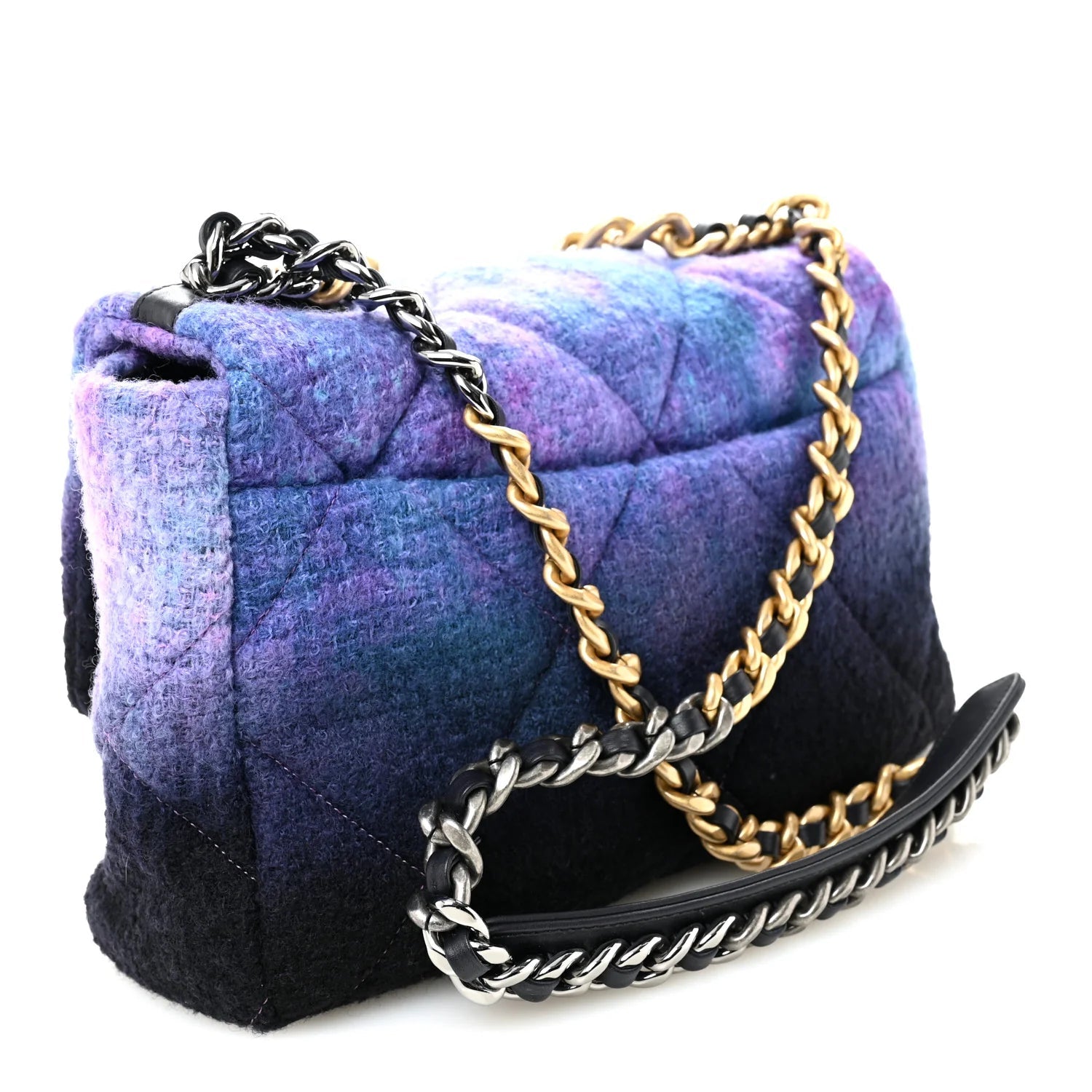 Wool Tweed Quilted Large  19 Flap Purple Black Blue