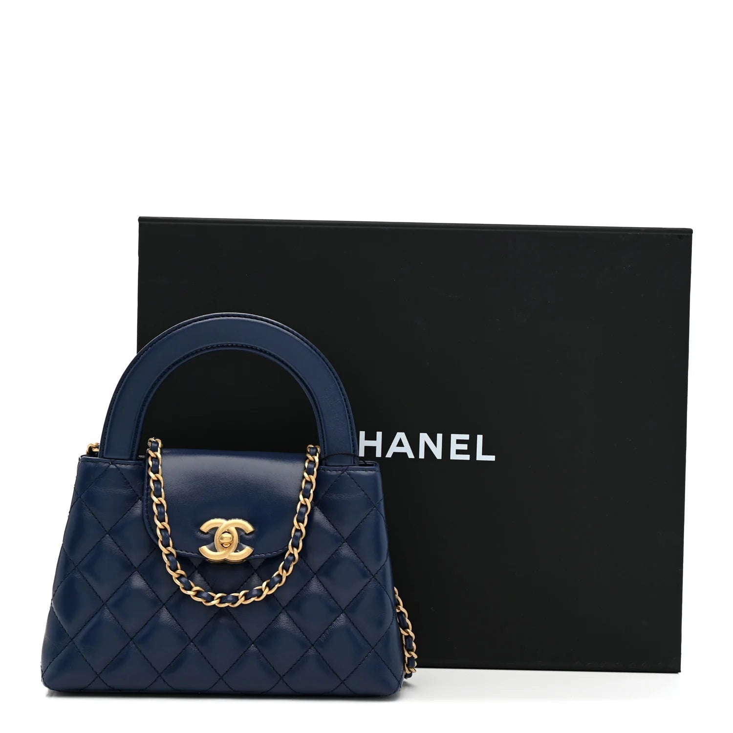 Shiny Aged Calfskin Quilted Nano Kelly Shopper Dark Blue
