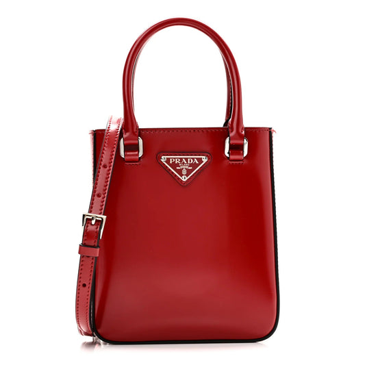 Spazzolato Metal Triangle Logo Small Double Handle Crossbody Tote Scarlatto