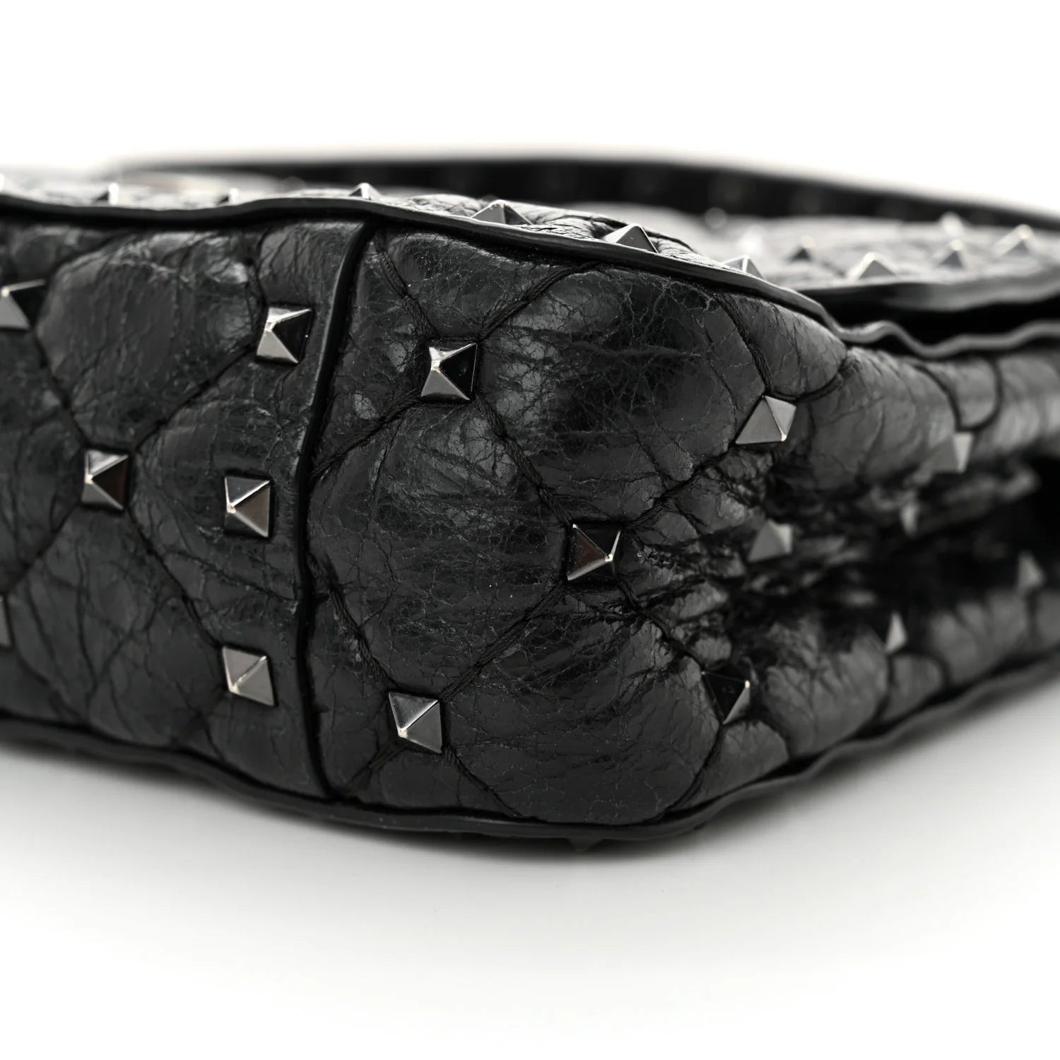 Craquele Nappa Small Rockstud Spike Shoulder Bag Black