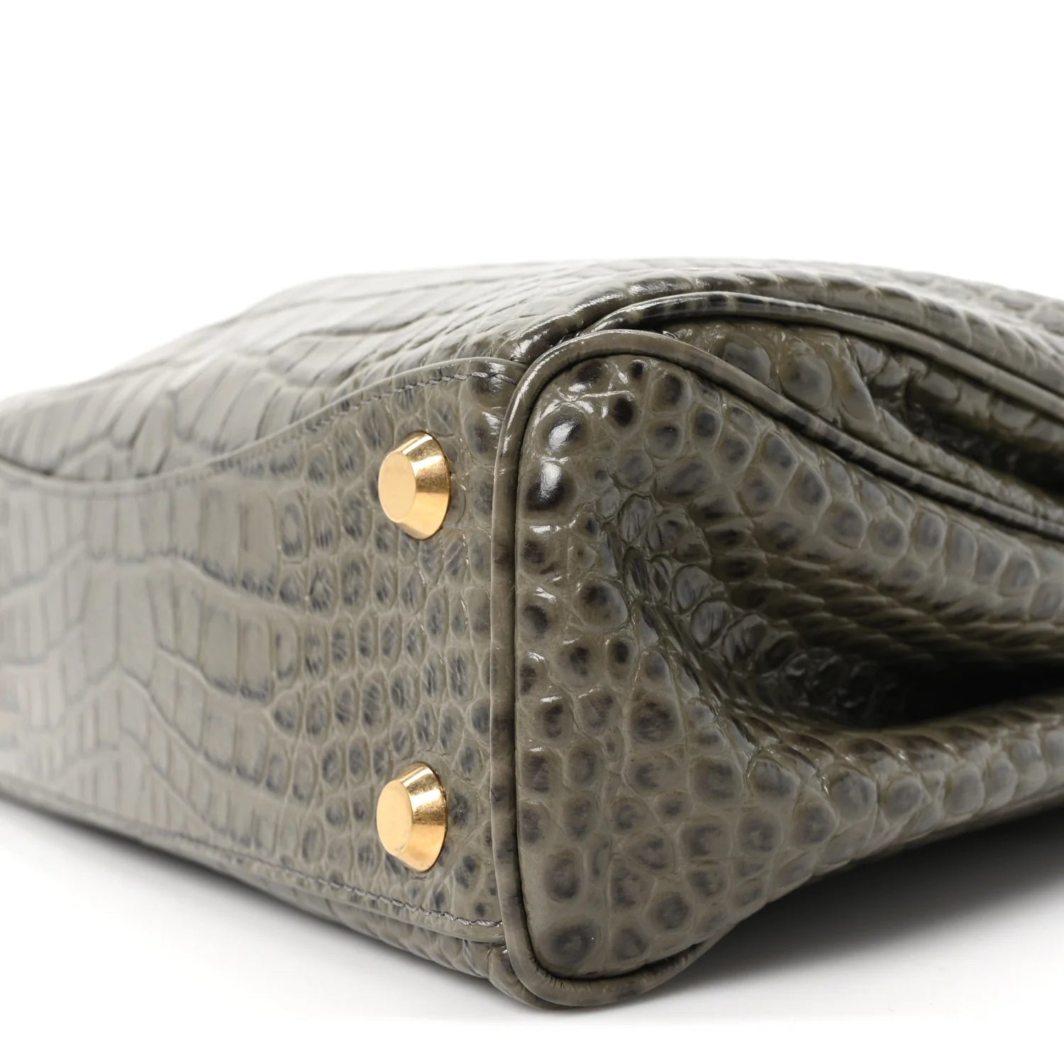 Shiny Calfskin Crocodile Embossed Small Rodeo Top Handle Handbag Army Green