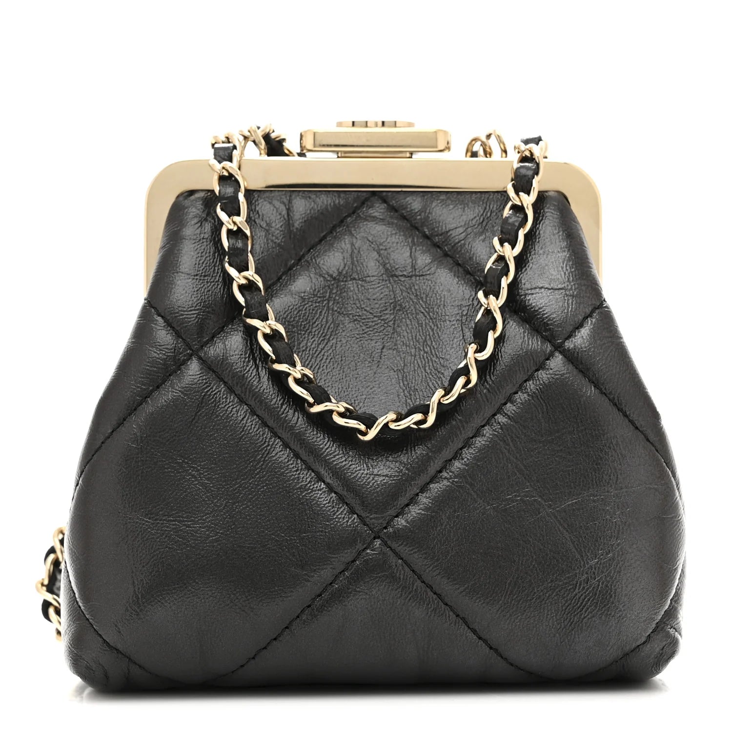 Shiny Aged Lambskin Quilted Kiss Lock Clutch with Chain Black