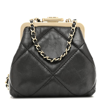 Shiny Aged Lambskin Quilted Kiss Lock Clutch with Chain Black