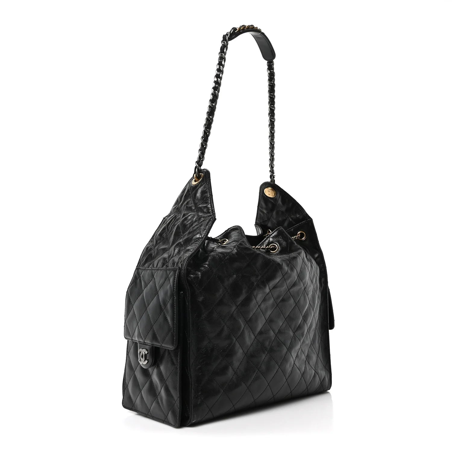 Shiny Crumpled Calfskin Quilted Medium  25 Handbag Black