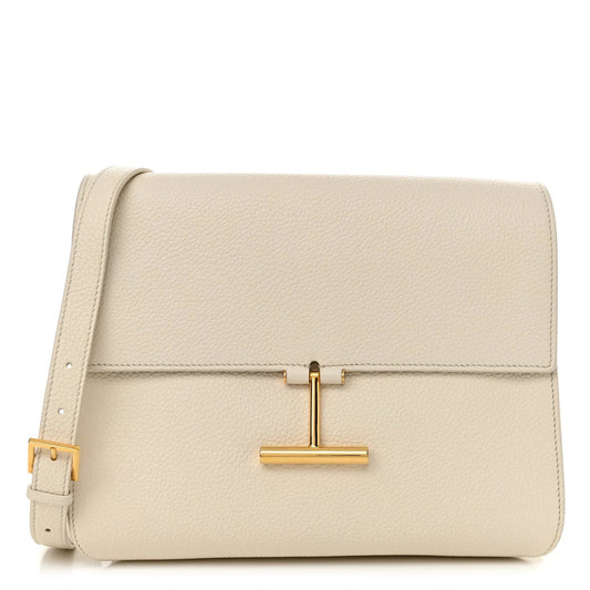 Grained Calfskin Large T Clasp Tara Crossbody Bag White