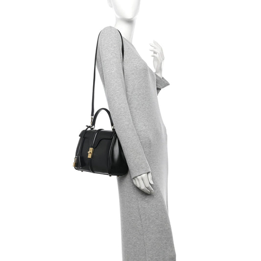 Satinated Calfskin Small 16 Top Handle Bag Black