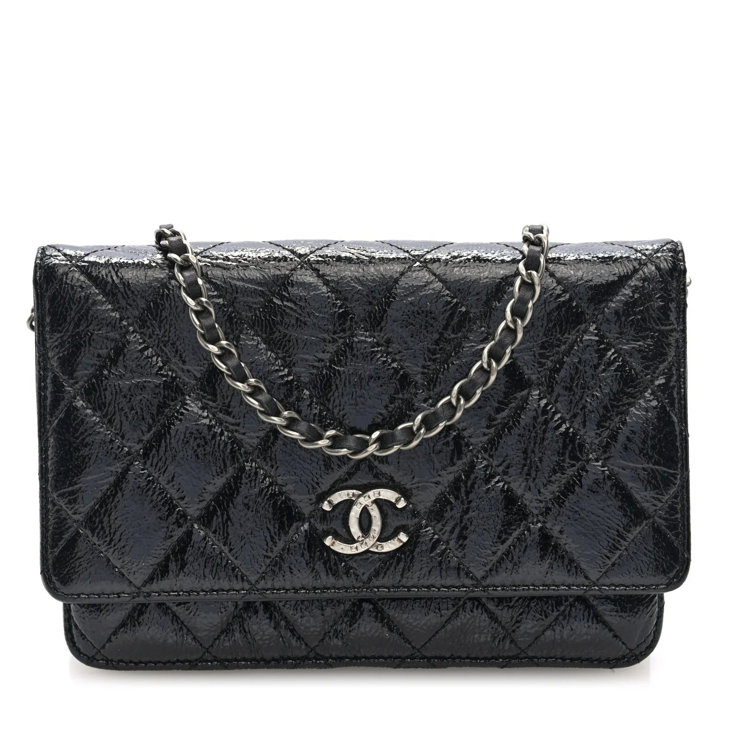 Patent Goatskin Quilted Paris Dallas Wallet on Chain WOC Black