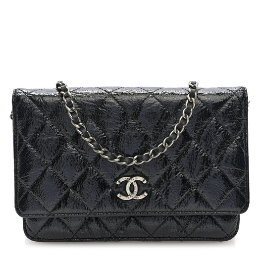 Patent Goatskin Quilted Paris Dallas Wallet on Chain WOC Black