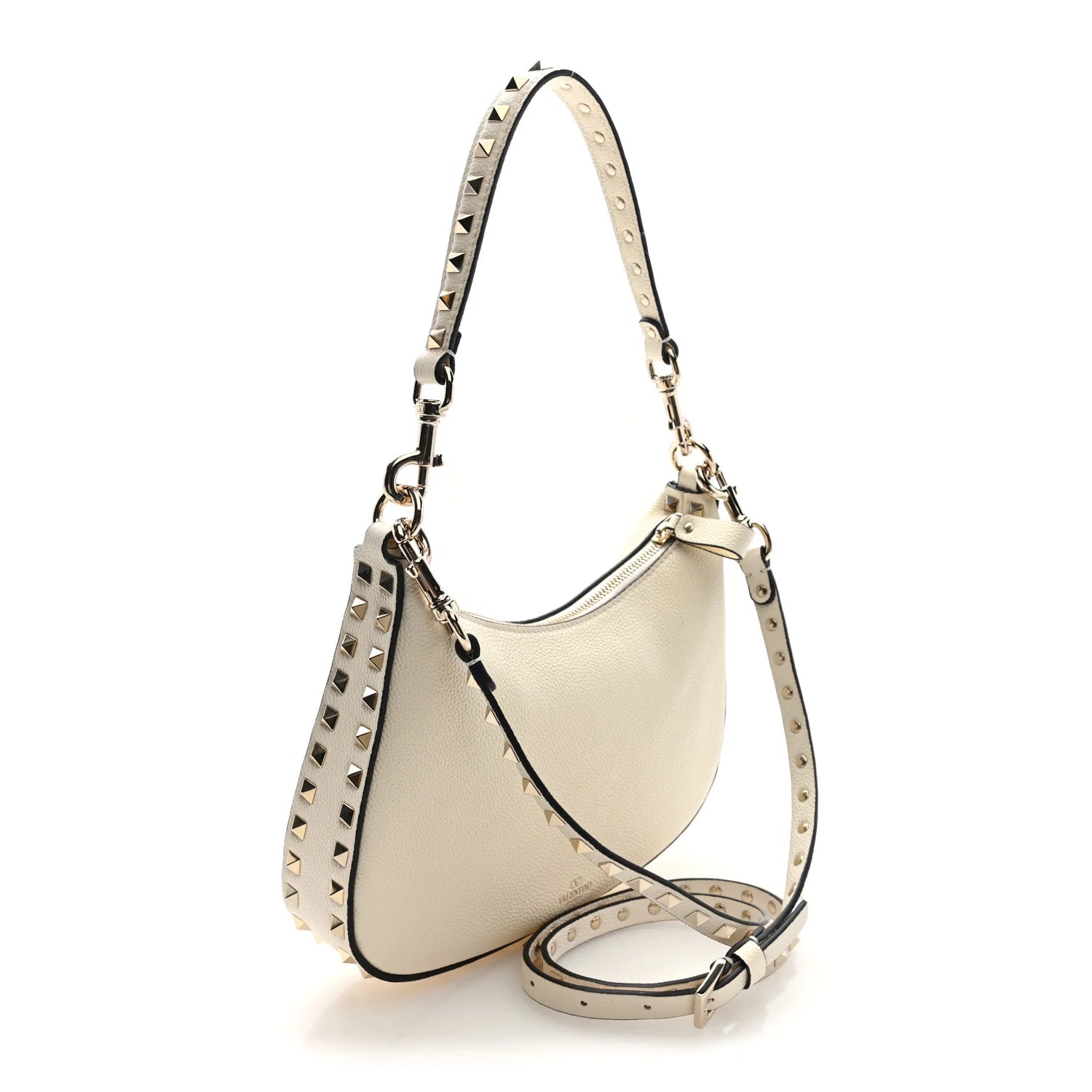 Pebbled Calfskin Small Rockstud Hobo Bag Ivory