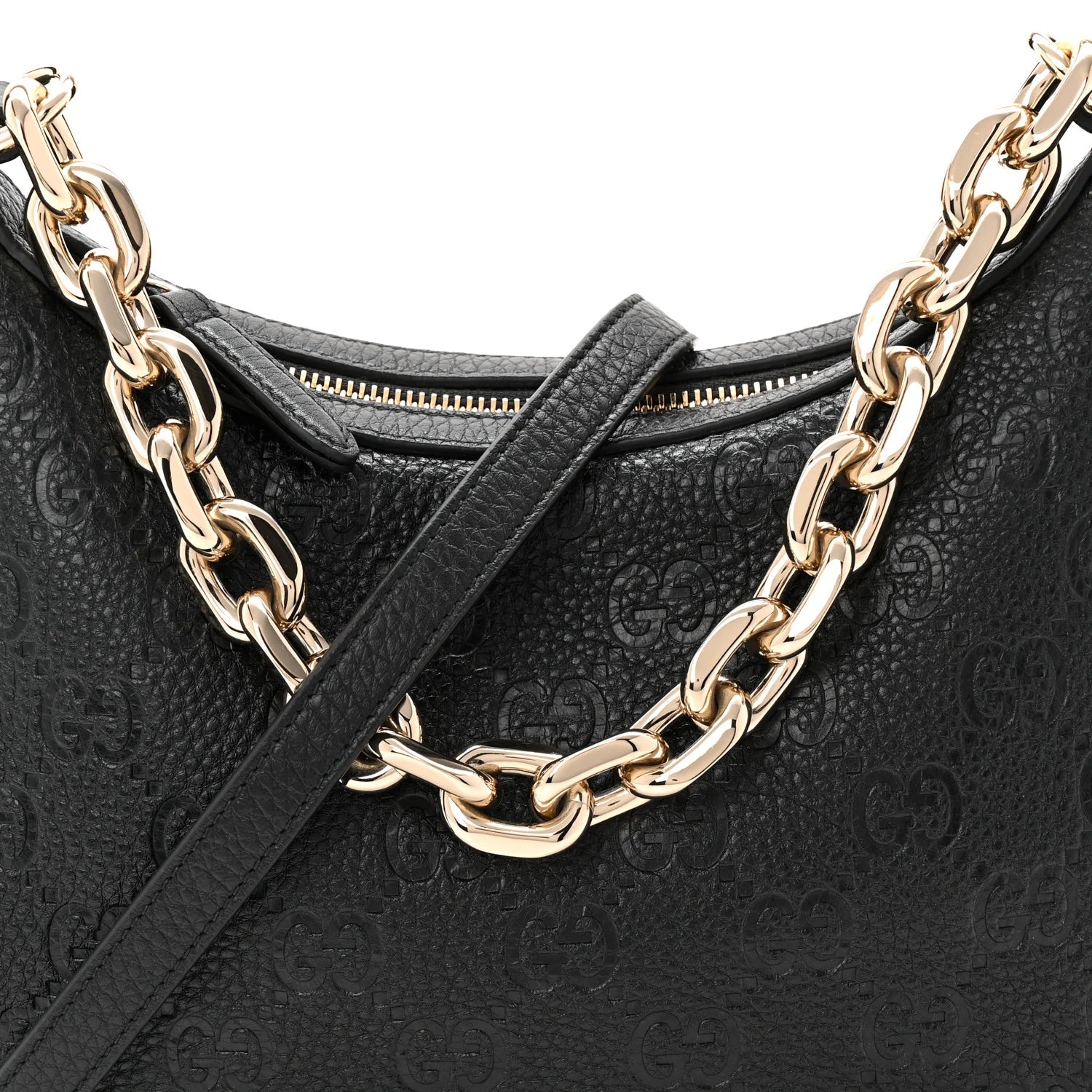 Grainy Calfskin GG Embossed Emblem Small Half Moon Shoulder Bag Black