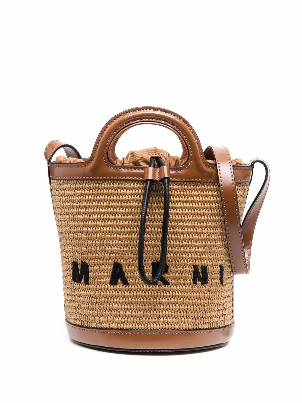 TWO-TONE LEATHER and RAFFIA TROPICALIA BUCKET BAG