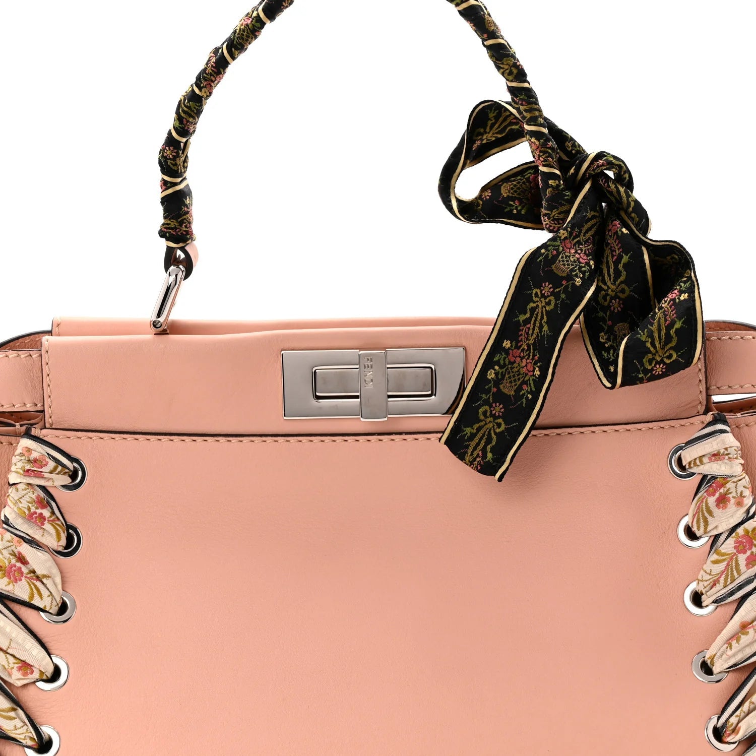 Vitello Seta Shiny Nappa Ribbon Lace up Floral Medium Peekaboo Iconic Satchel Baby Pink Multicolor