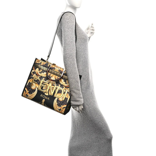 X VERSACE Calfskin Plexiglass Fendace FF Baroque Print Medium  Sunshine Shopper Tote Black Gold
