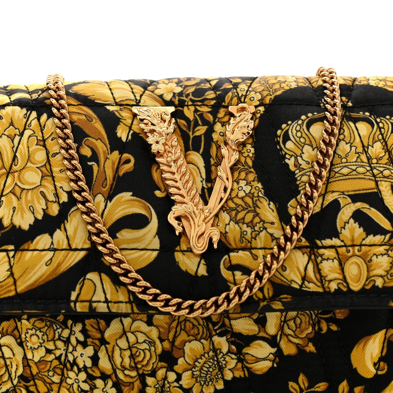Silk Barocco Printed Quilted Virtus V Mini Chain Flap Shoulder Bag Black Gold