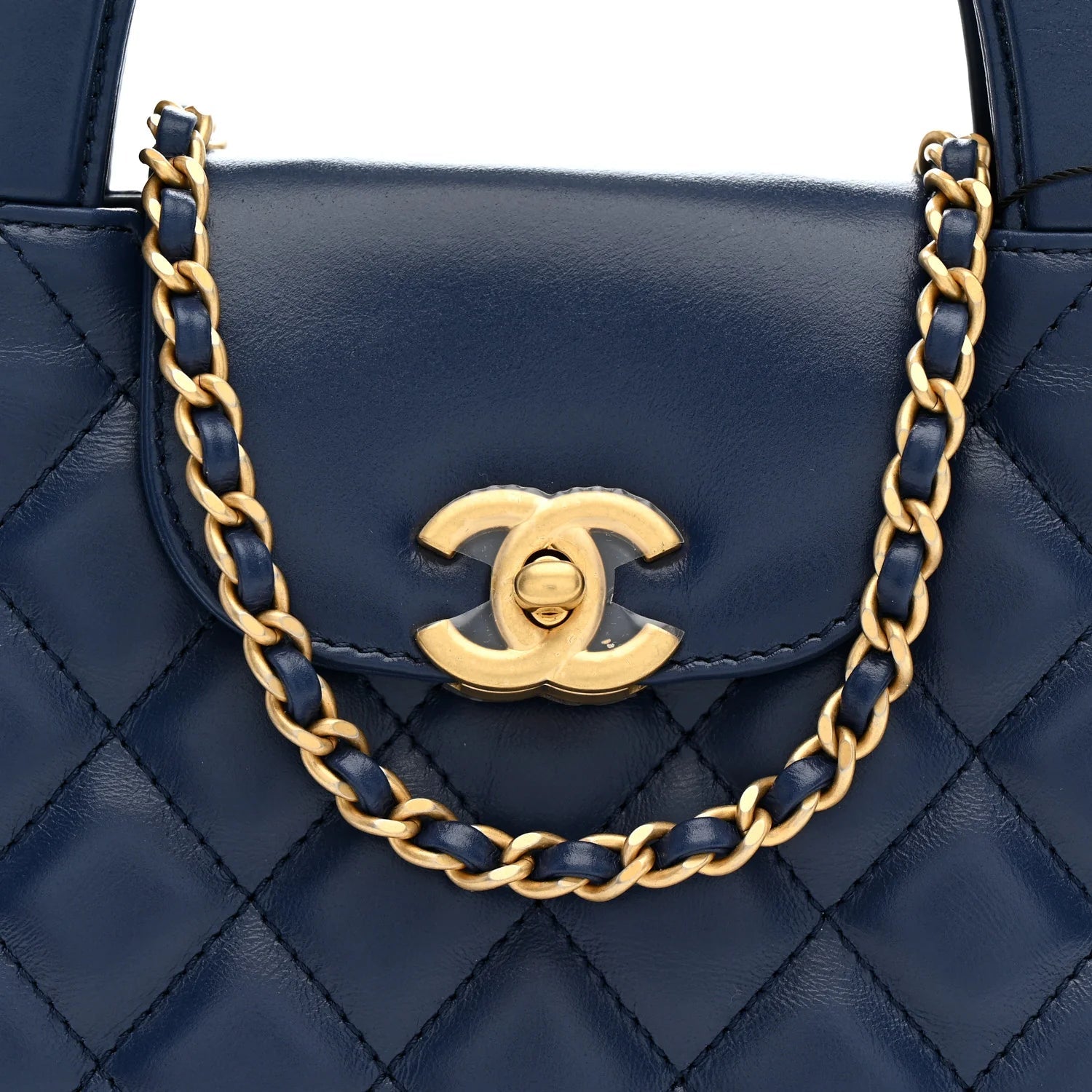 Shiny Aged Calfskin Quilted Nano Kelly Shopper Dark Blue