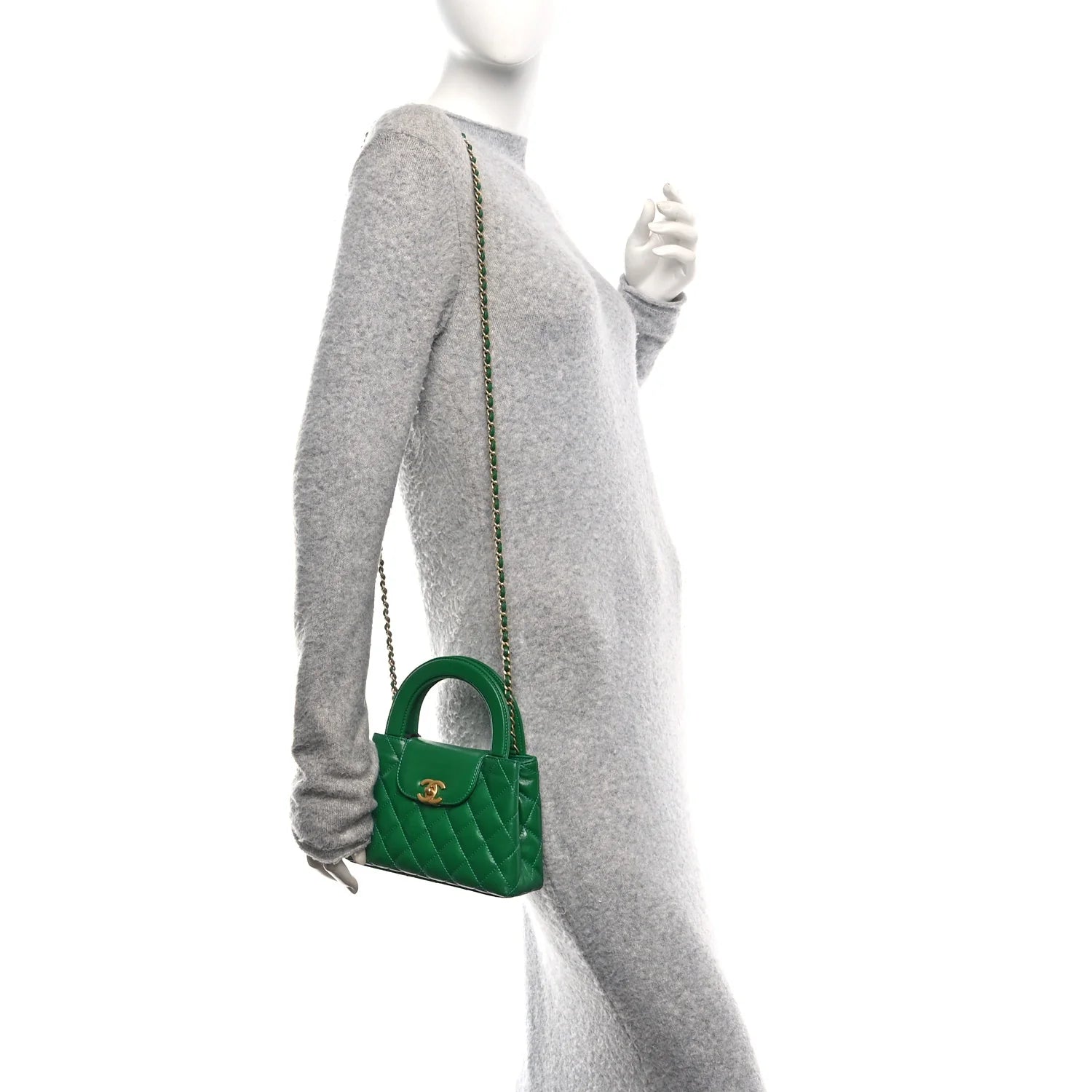 Shiny Aged Calfskin Quilted Nano Kelly Shopper Green