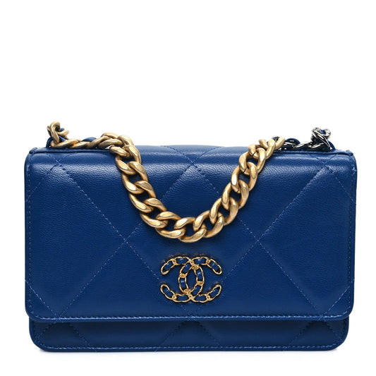 Shiny Goatskin Quilted  19 Wallet on Chain WOC Blue