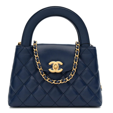 Shiny Aged Calfskin Quilted Nano Kelly Shopper Dark Blue