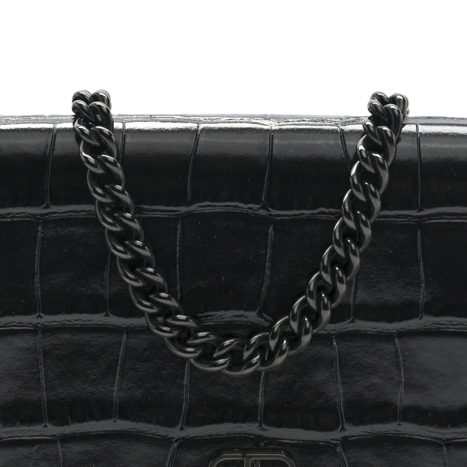 Shiny Calfskin Crocodile Embossed BB Phone Holder Wallet on Chain Black