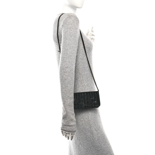 Shiny Calfskin Crocodile Embossed BB Phone Holder Wallet on Chain Black