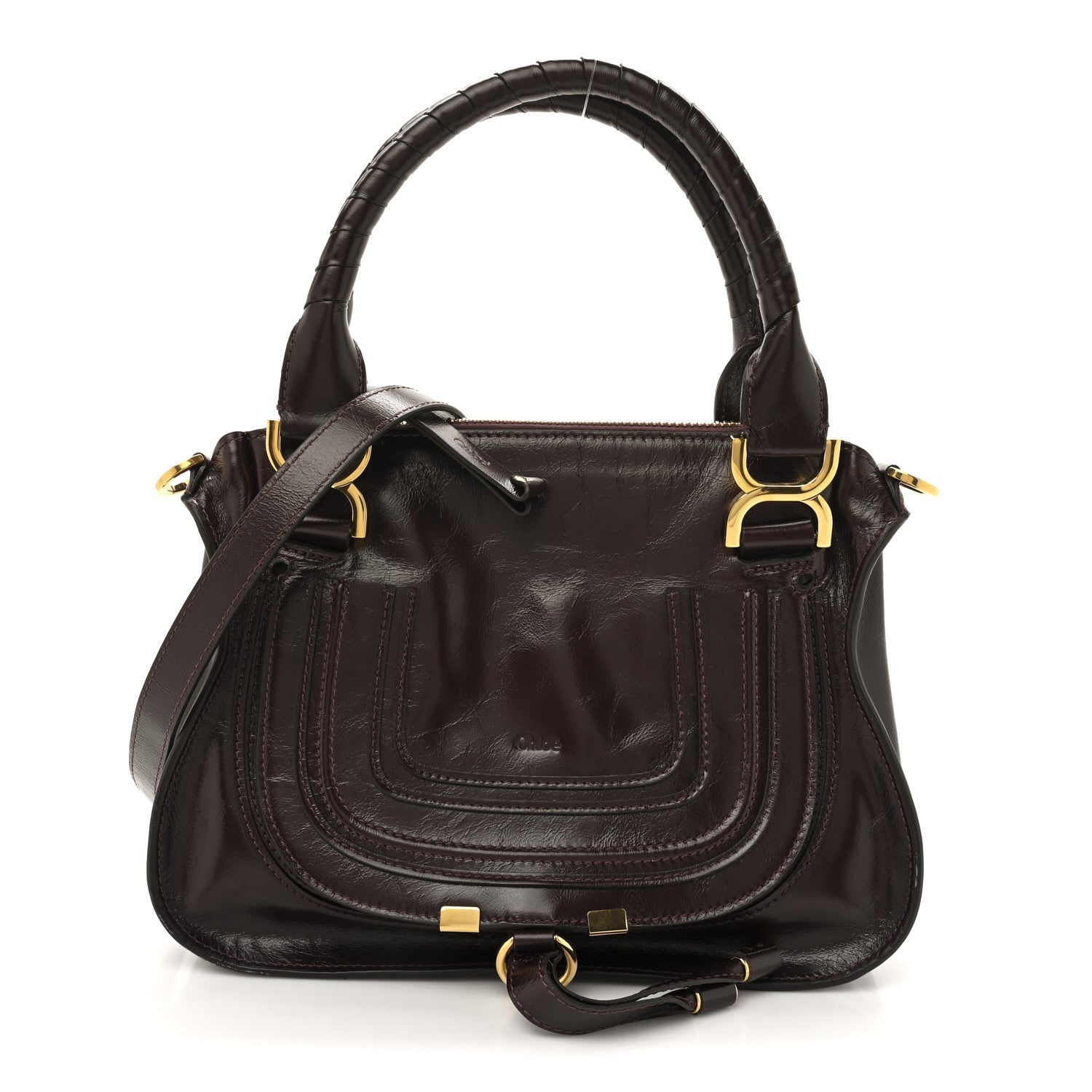 Shiny Calfskin Small Marcie Satchel Auburn Red