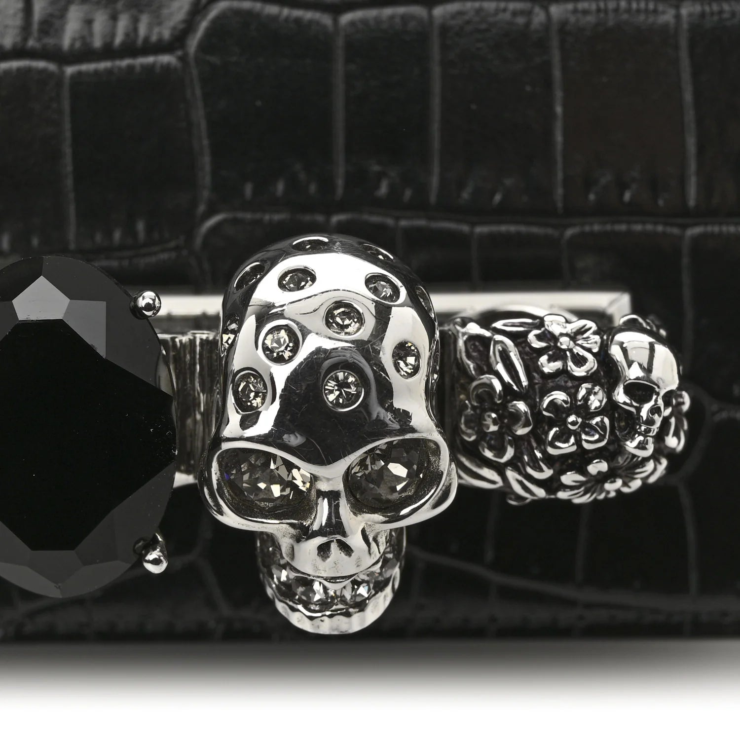 Shiny Calfskin Crocodile Embossed Mini Jeweled Satchel Black