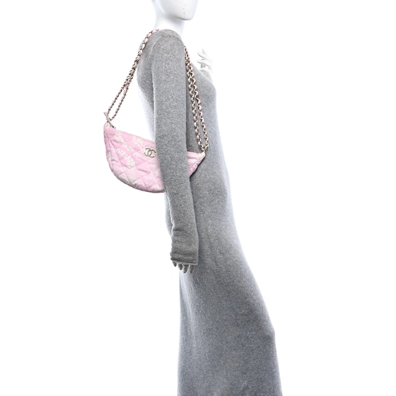 Printed Denim Quilted Large Hobo Bag Light Pink White