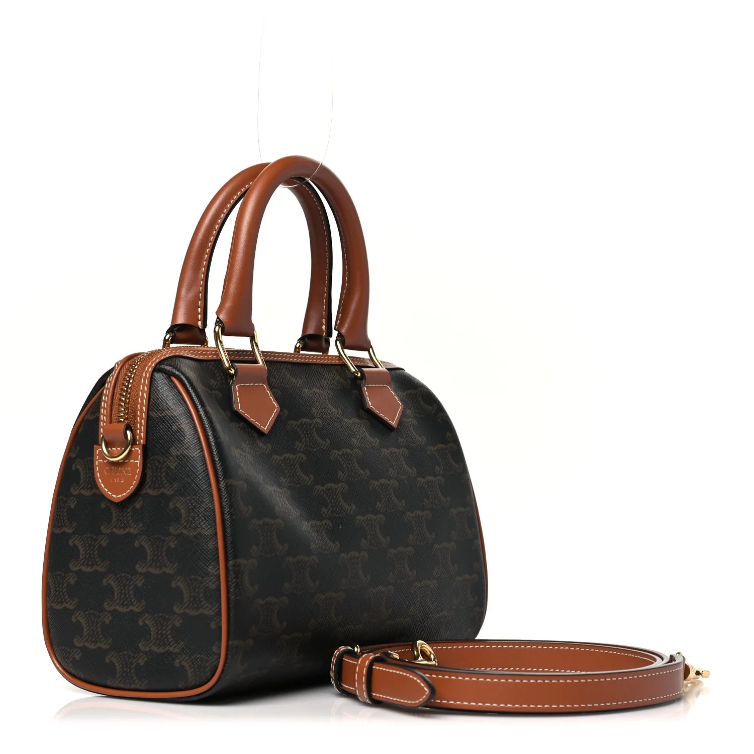 Triomphe Canvas Calfskin Small Boston Bag Tan