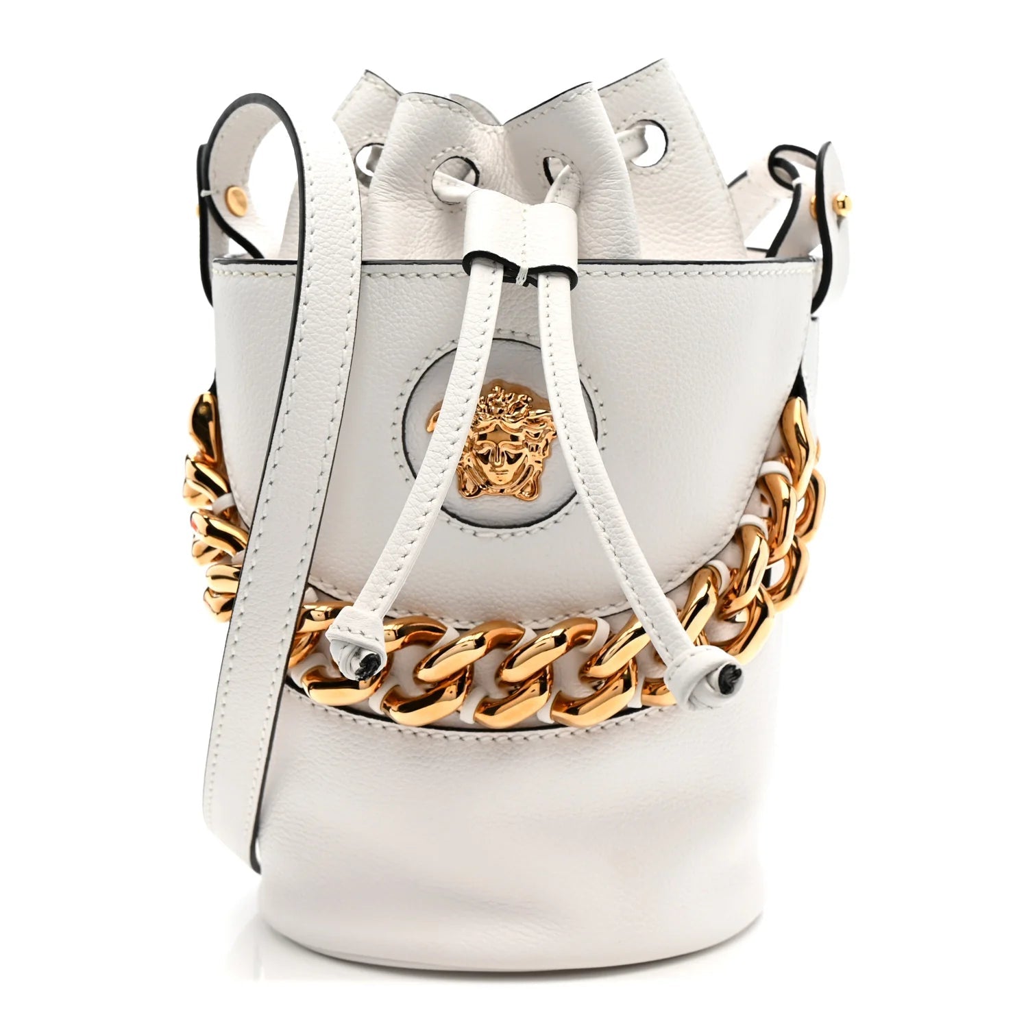 Grained Calfskin La Medusa Drawstring Bucket Bag Optical White