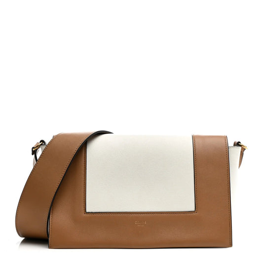 Shiny Smooth Calfskin Medium Frame Shoulder Bag Tan Optic White