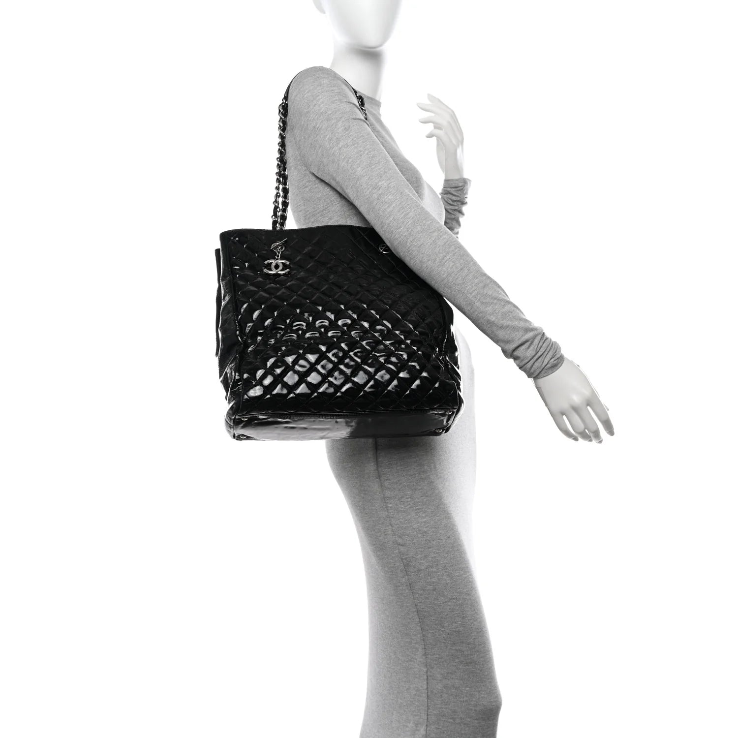 Patent Quilted Large Shopping Tote Black