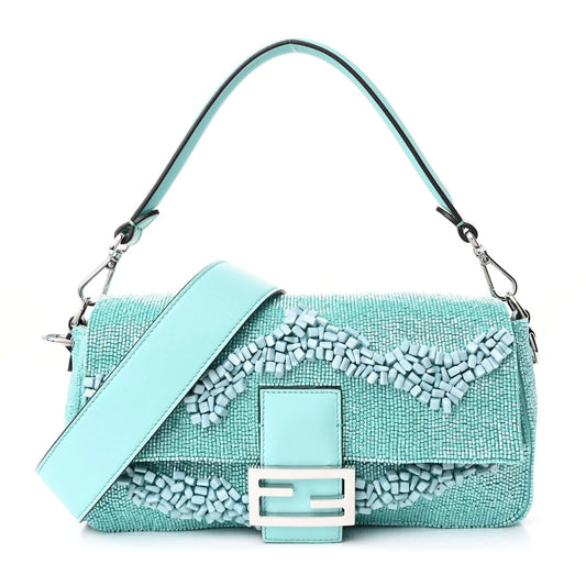 Rolling Stone Vitello Seta Bead Embroidered Re-Edition Baguette Spring Turquoise