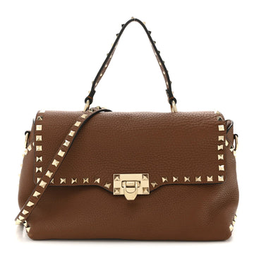 Pebbled Calfskin Medium Rockstud Top Handle Shoulder Bag Cognac