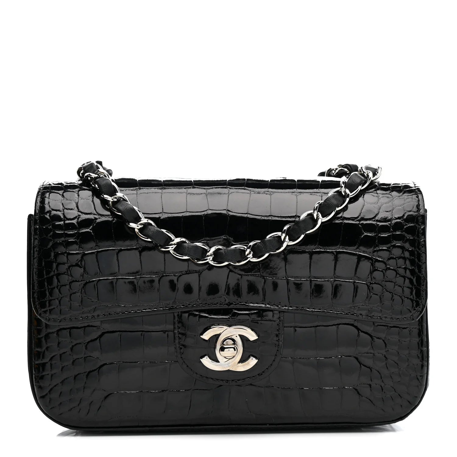 Shiny Alligator Mini Rectangular Flap Black